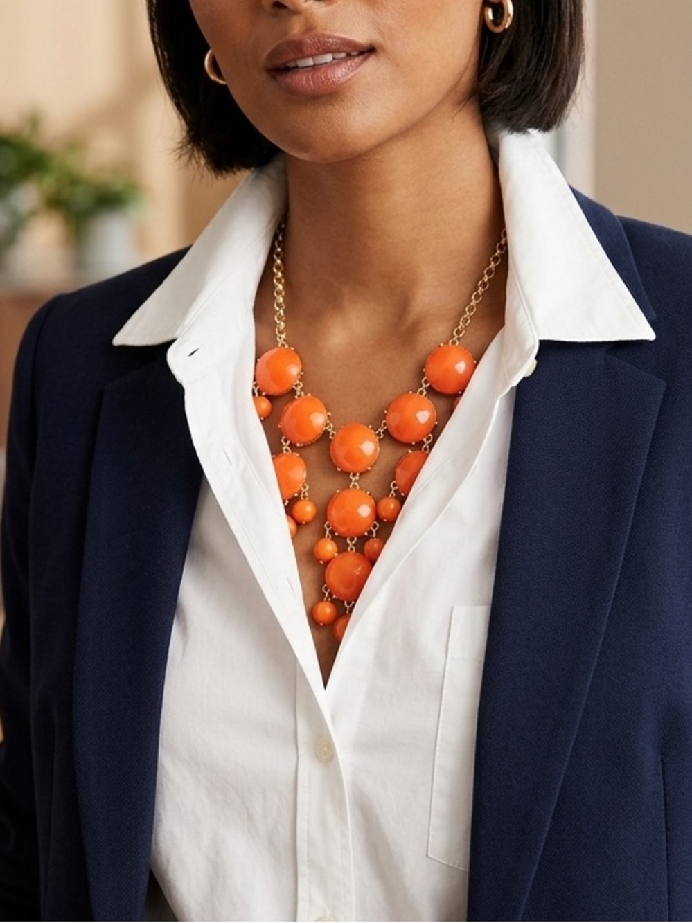 J. Crew Signed Bold Orange Bubble Chandelier Statement Necklace Gold Tone